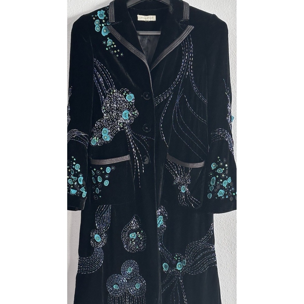 Laura Ashley Velvet Opera Coat Black Embellished Art To Wear Beaded Sequin  10